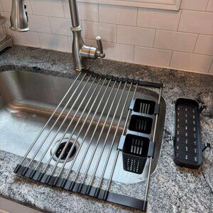 Black Expandable Roll Up Dish Drying Rack Up to 22.8''with 2 Storage Baskets